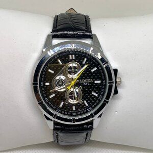 Londa men’s watch silver tone 42mm quartz analog black dial leather running